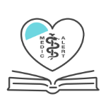 Illustration of a floating heart with the MedicAlert symbol inside above an open book