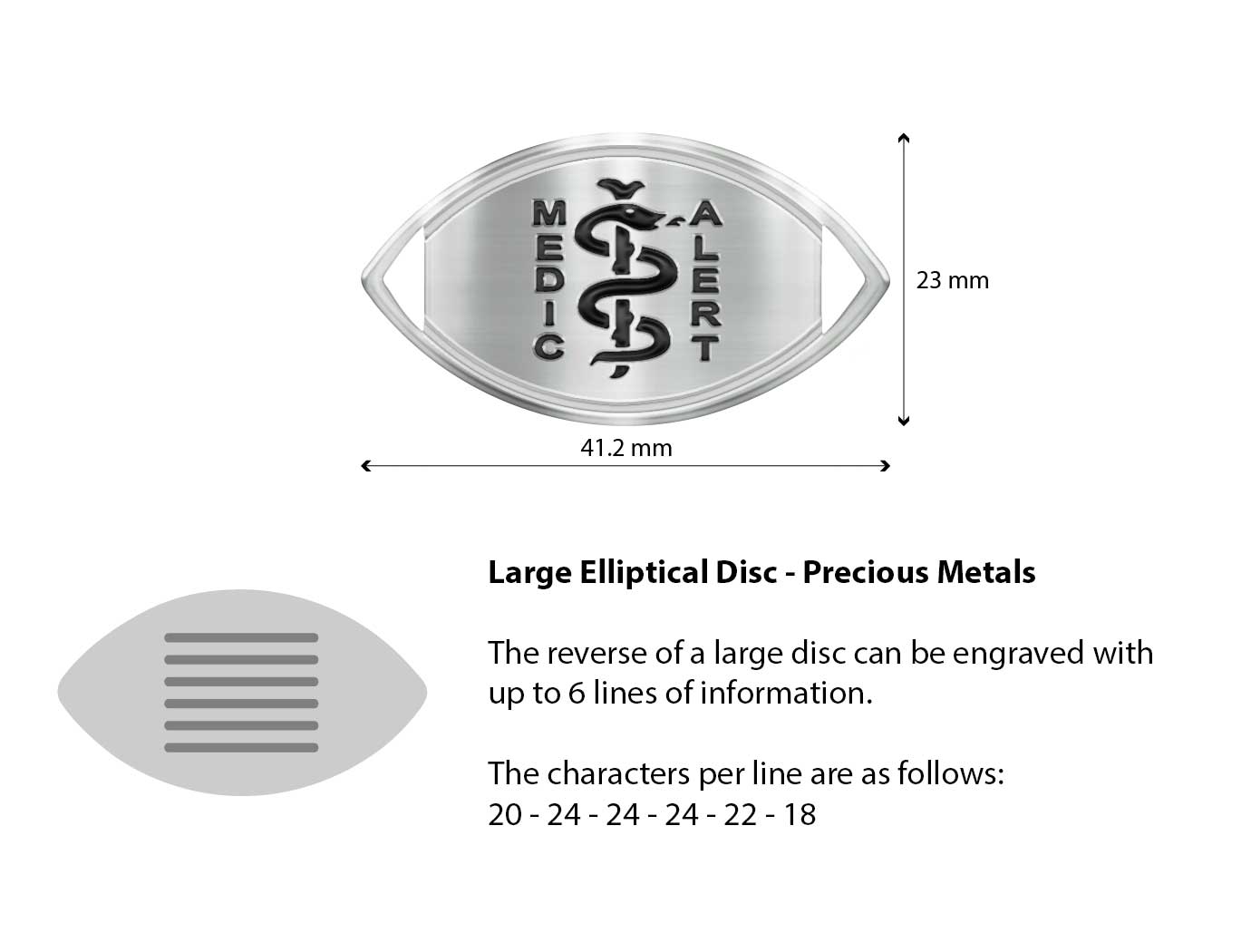 Diagram of the MedicAlert precious metal large elliptical disc with measurements and descriptions of the engraving specifications