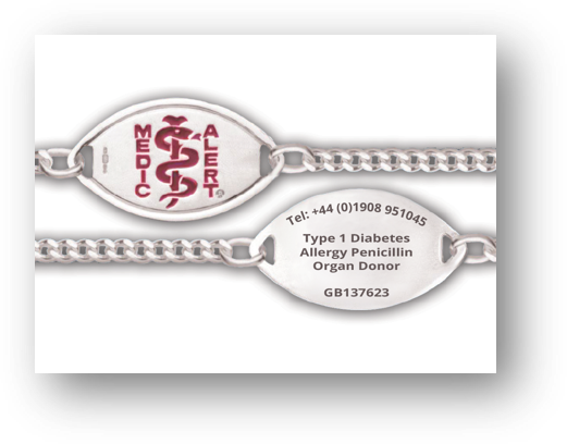 MedicAlert stainless steel bracelet showcasing the red MedicAlert logo and a member's vital information engraved on the other side