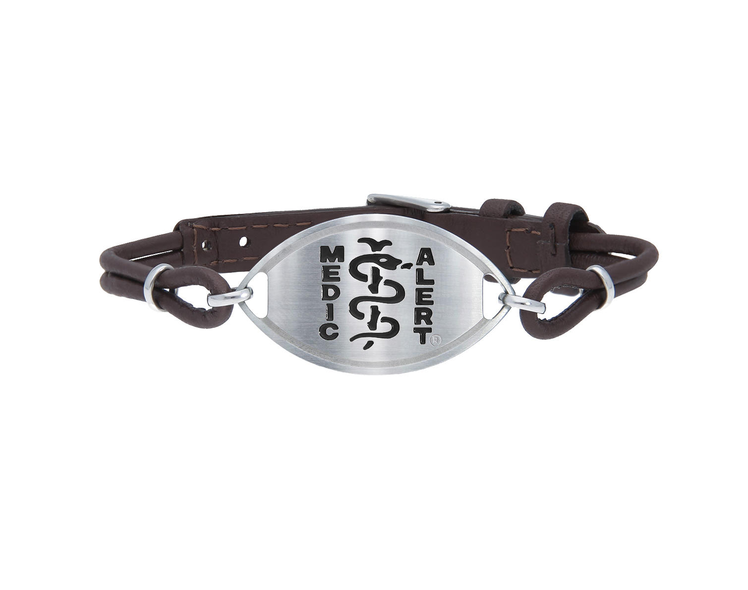 Brown leather strap for wrist with metal elliptical disc with a black MedicAlert logo which includes the universal medical sign of a snake wrapped around a rod