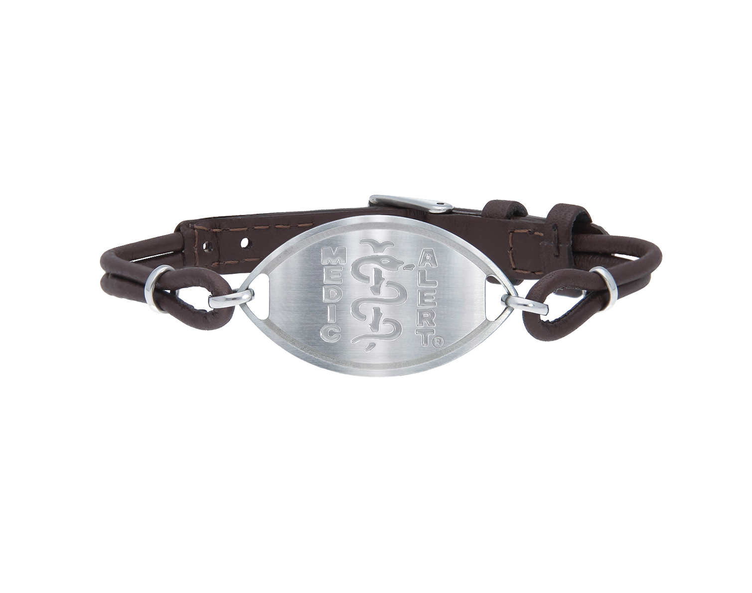 Brown leather strap for wrist with metal elliptical disc with a MedicAlert logo which includes the universal medical sign of a snake wrapped around a rod.