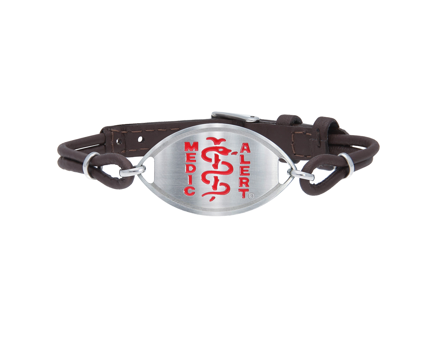 Brown leather strap for wrist with metal elliptical disc with a red MedicAlert logo which includes the universal medical sign of a snake wrapped around a rod
