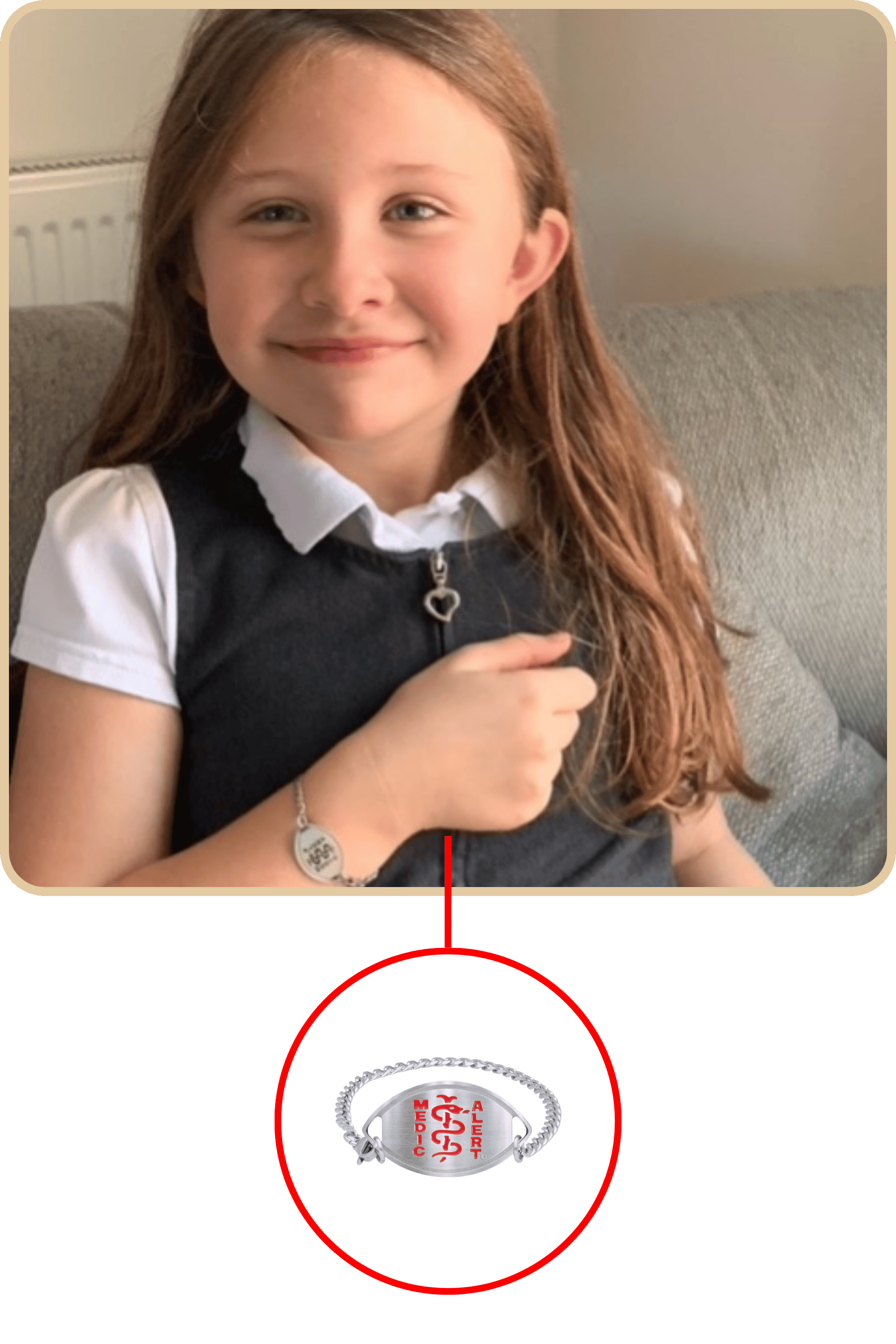 Picture of betsy smiling showing her bracelet