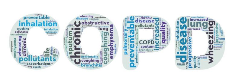 The letters 'COPD' filled with words associated with the condition