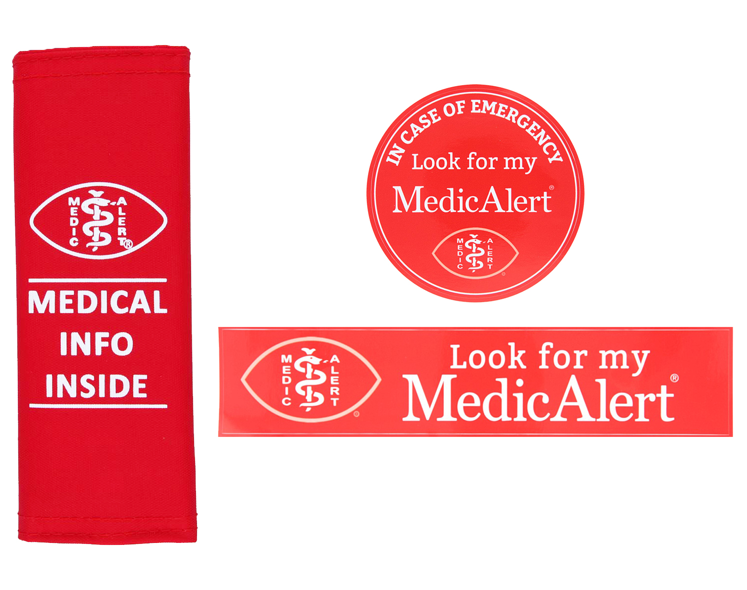 Red document holder with MedicAlert logo and a round and rectangular car sticker with white text, in case of emergency look for my Medicalert
