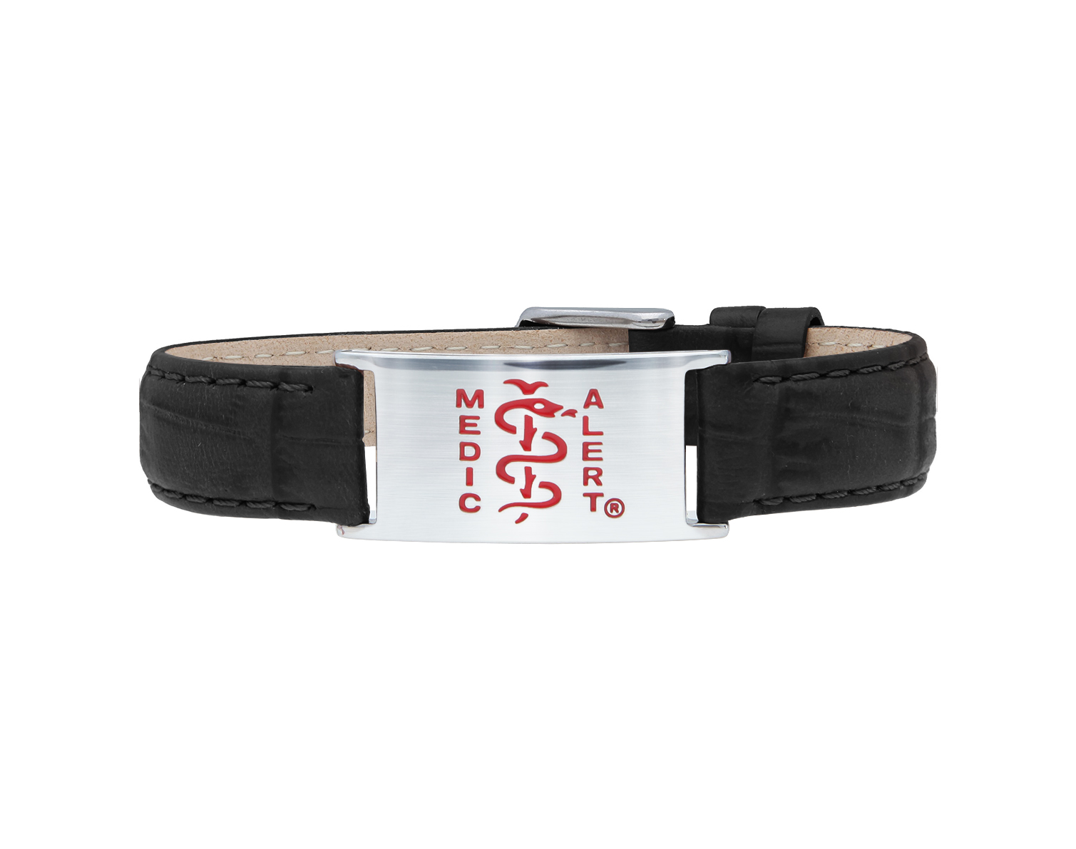 Black leather bracelet with stainless steel shield disc with red MedicAlert logo which includes the universal medical sign of a snake wrapped around a rod