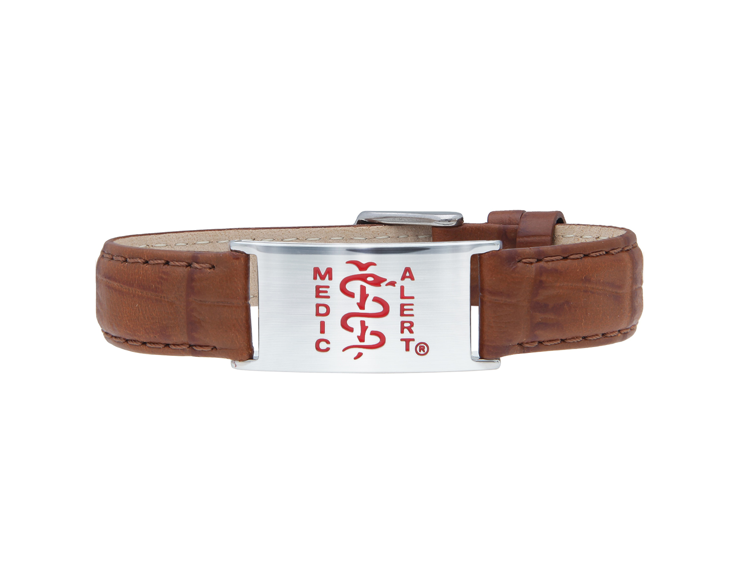 Brown leather bracelet with stainless steel shield disc with red MedicAlert logo which includes the universal medical sign of a snake wrapped around a rod