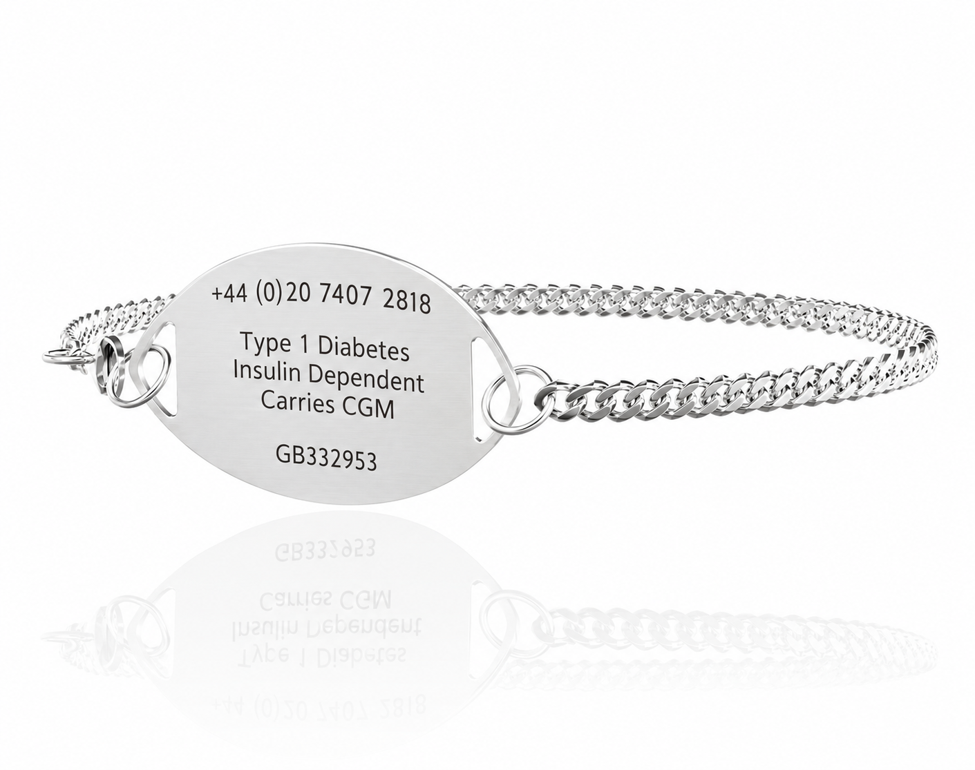 Official MedicAlert diabetes medical ID disc showing nurse-verified custom engraving, auto-engraved 24/7 emergency line, and unique member ID