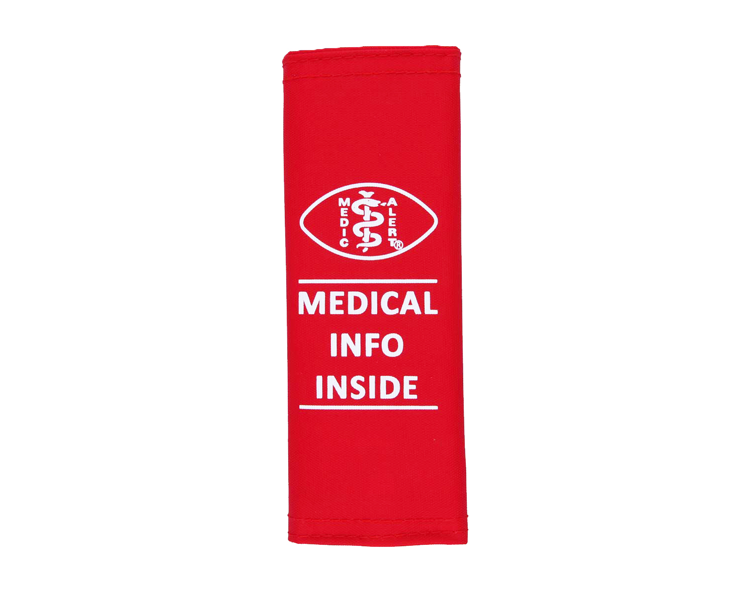 Red document holder with a white MedicAlert logo and text, medical information inside.