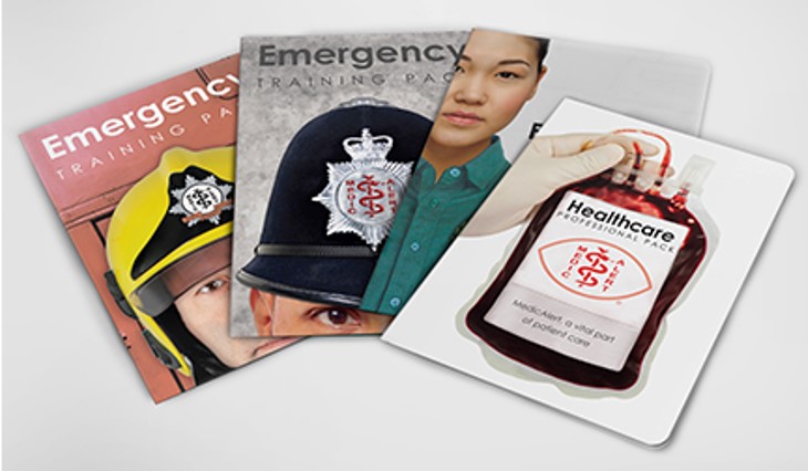 A line of MedicAlert training packs