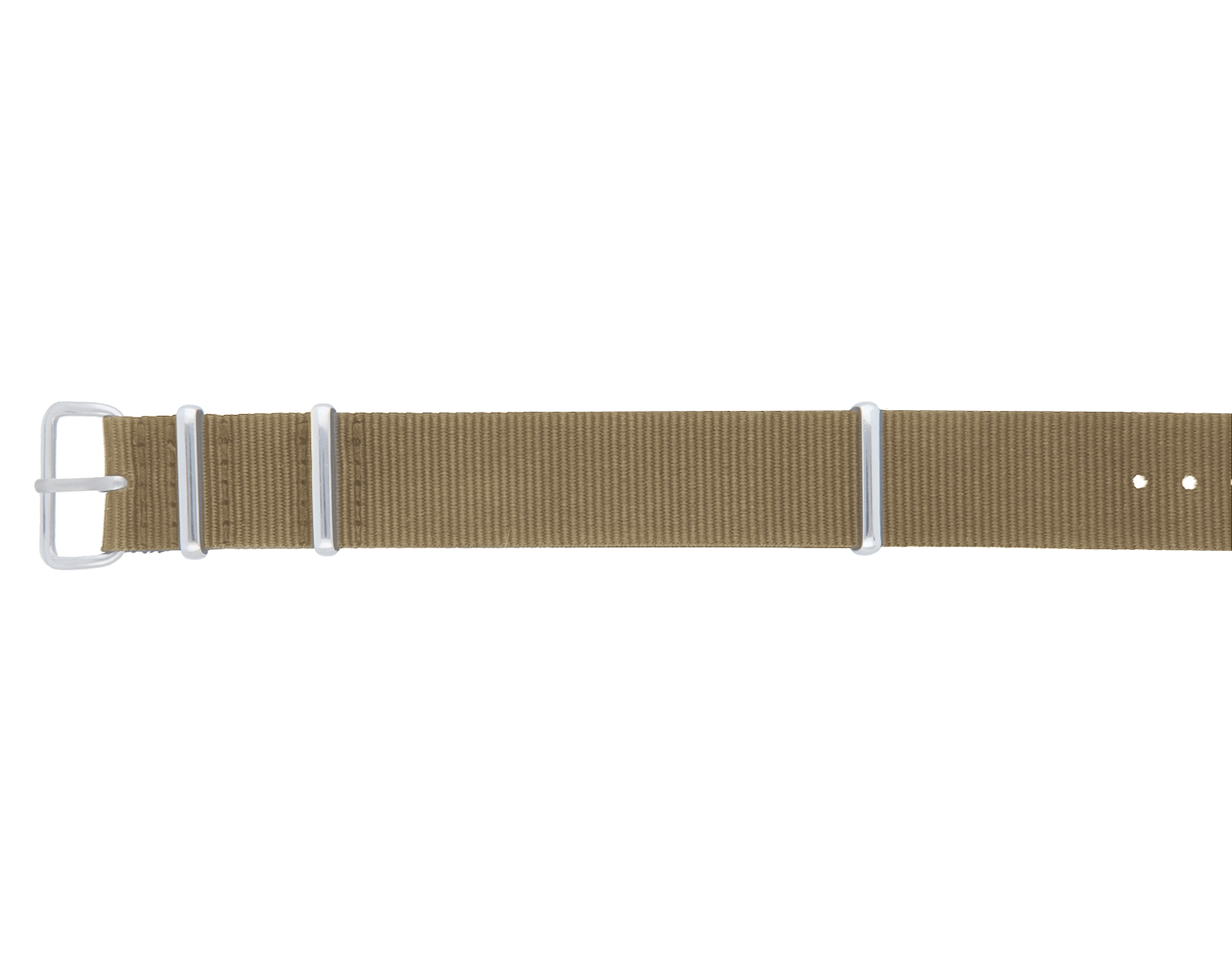 Close up on part of a khaki coloured fabric strap for the wrist with fastenings