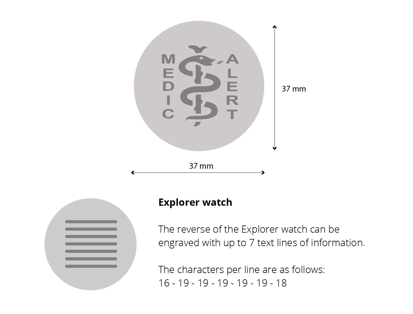Diagram of the MedicAlert explorer watch with measurements and engraving specifications