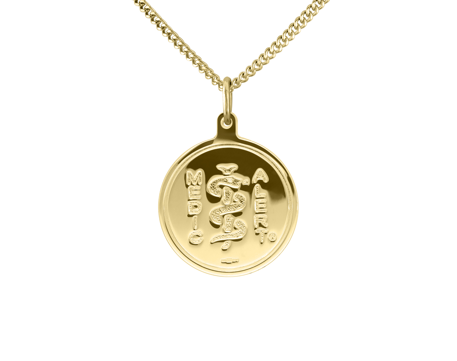 Gold chain with round gold charm disc with  MedicAlert logo which includes the universal medical sign of a snake wrapped around a rod
