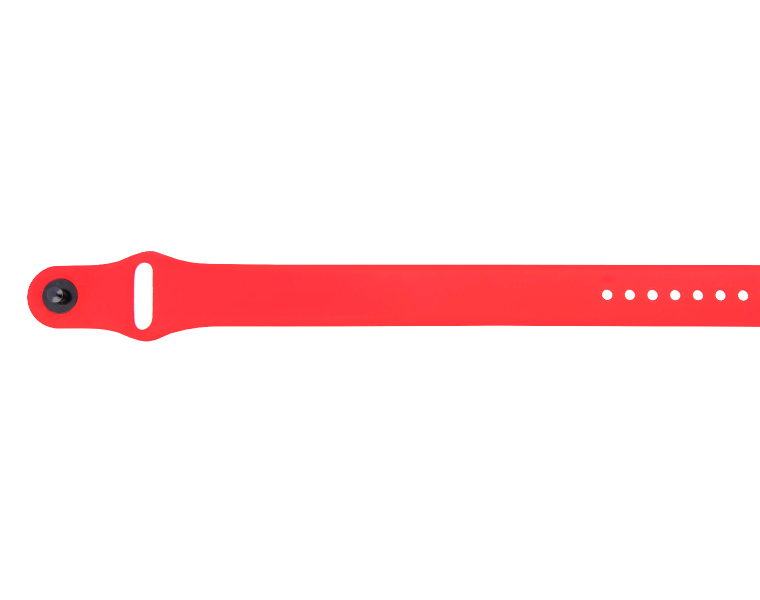 Part of a red silicone strap for wrist with popper fastener.