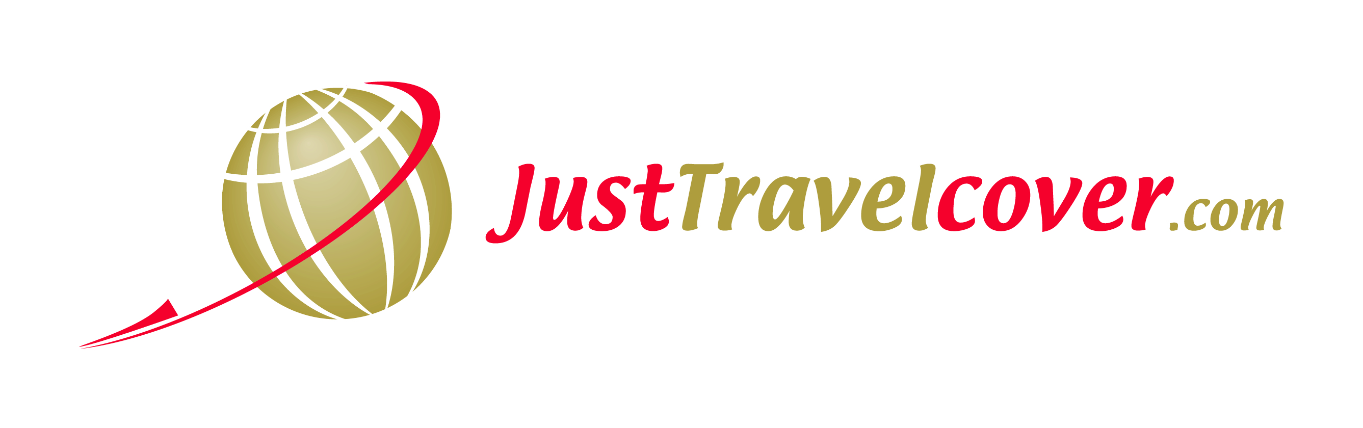 Just Travel Cover logo includes a gold globe and red plane encircling it