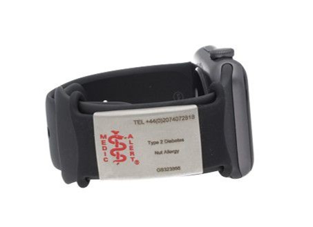 MedicAlert large medical ID wristband tag used on a smart watch strap
