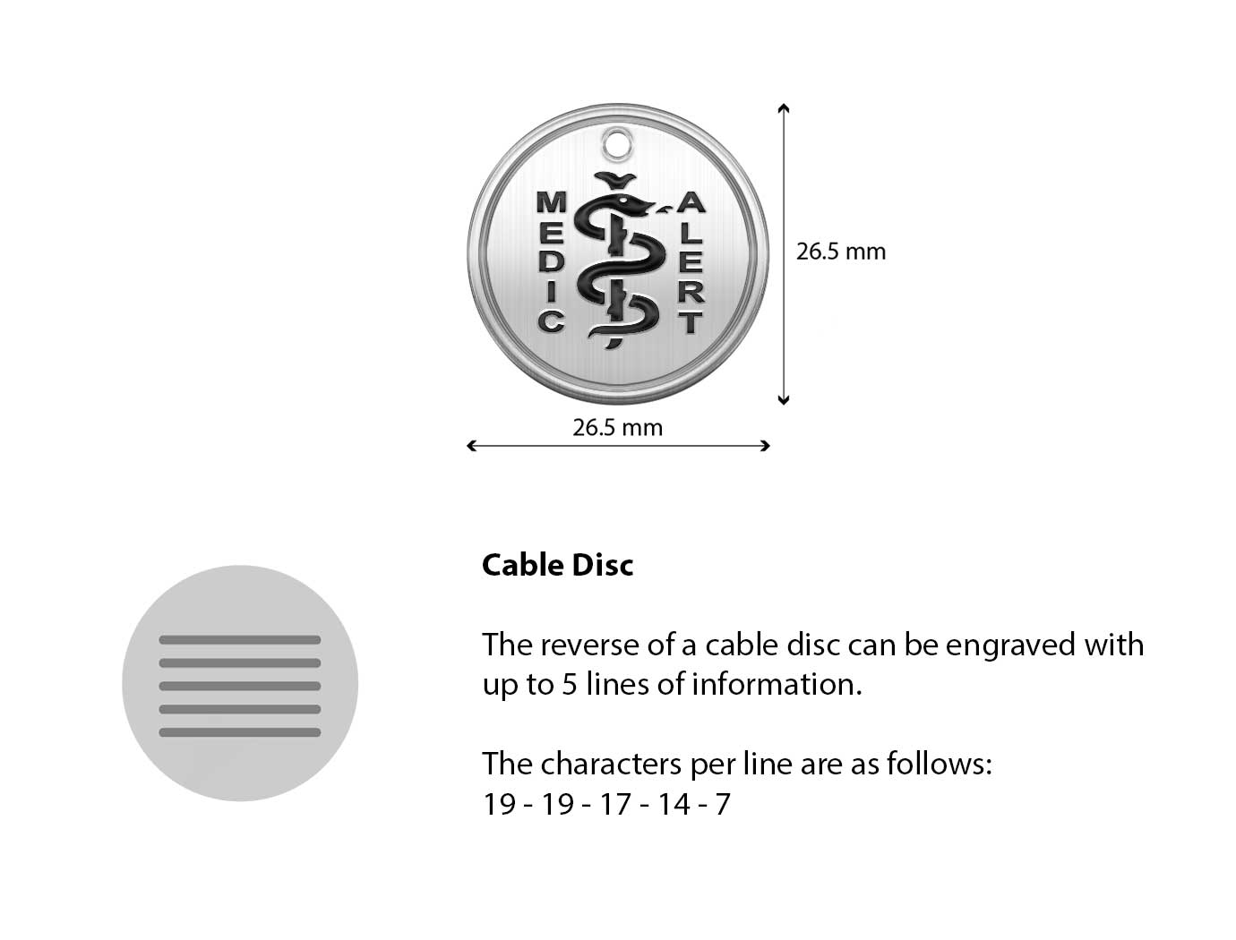 Diagram of the MedicAlert precious metal cable disc with measurements and descriptions of the engraving specifications