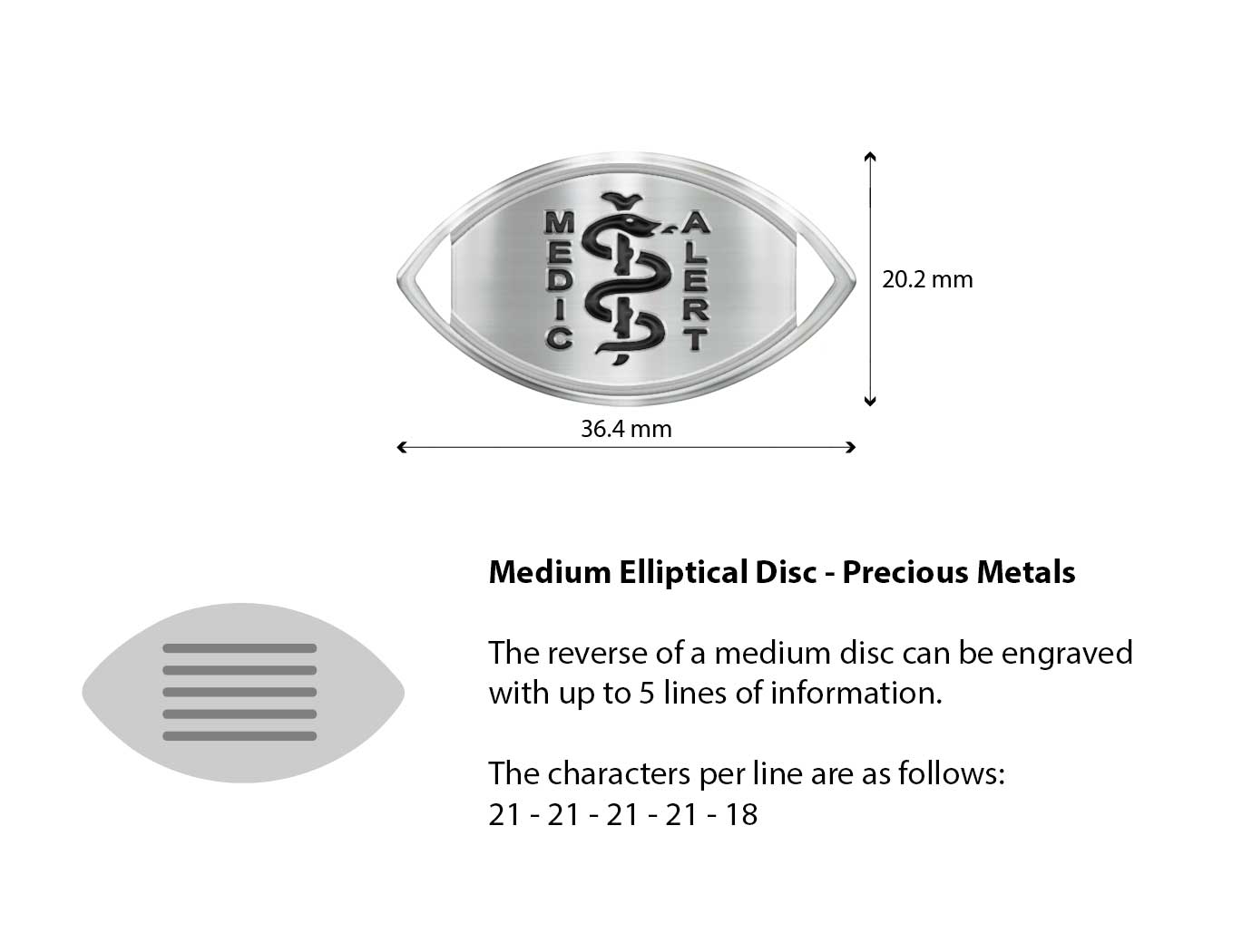 Diagram of the MedicAlert precious metal medium elliptical disc with measurements and descriptions of the engraving specifications