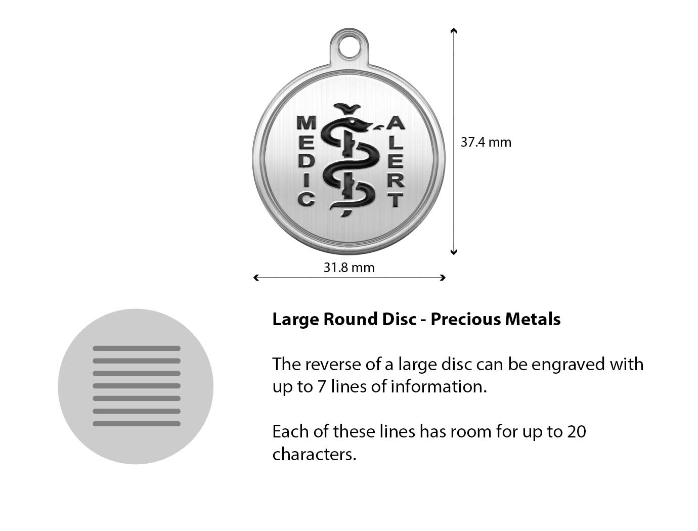Diagram of the MedicAlert precious metal large round disc with measurements and descriptions of the engraving specifications