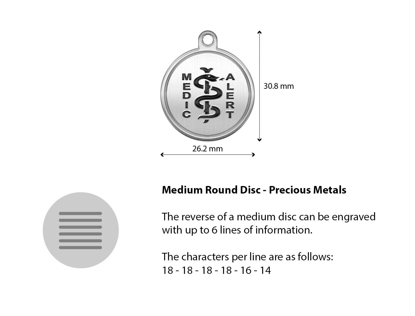 Diagram of the MedicAlert precious metal medium round disc with measurements and descriptions of the engraving specifications