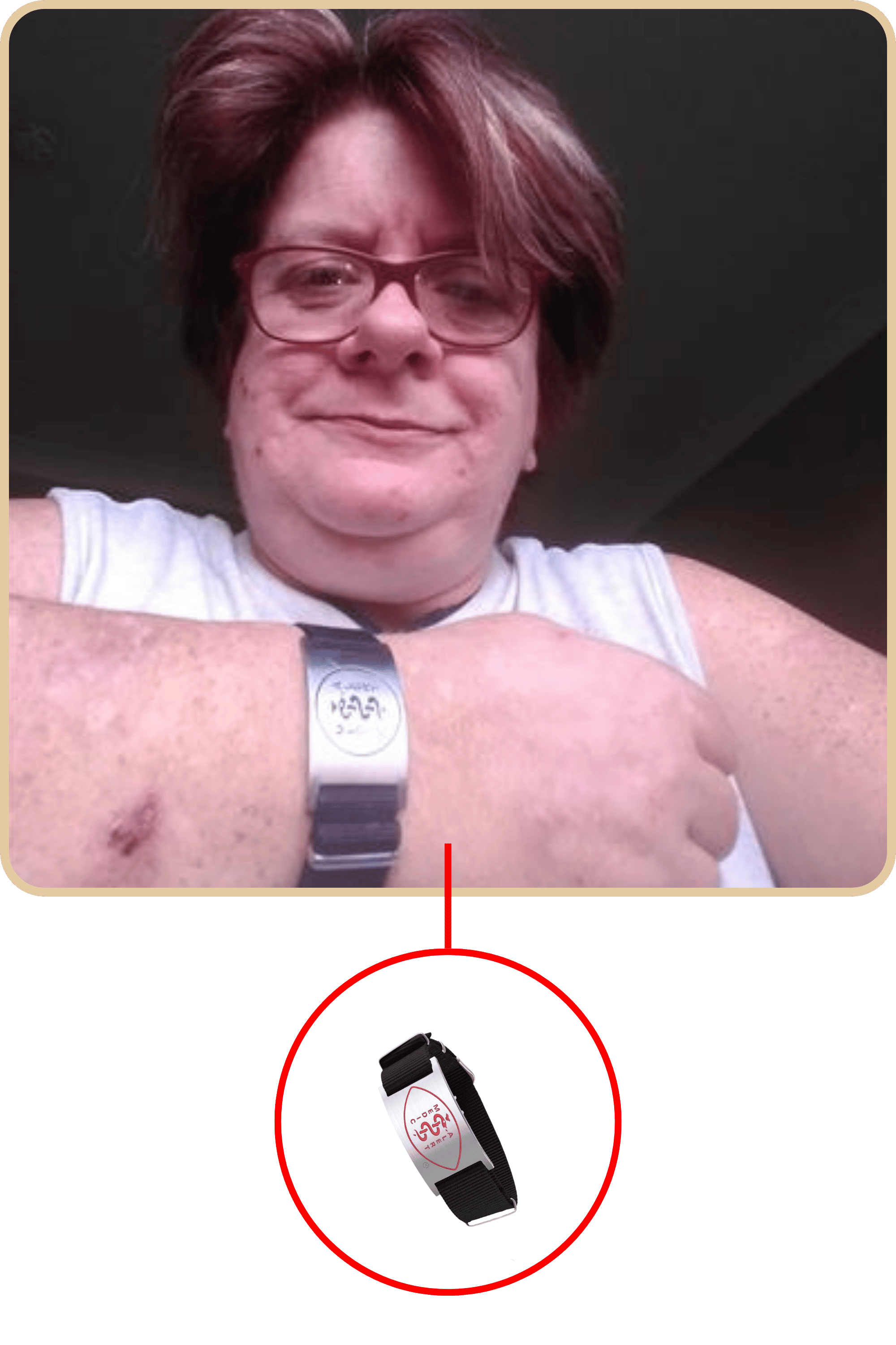 Picture of Rebecca showing her bracelet