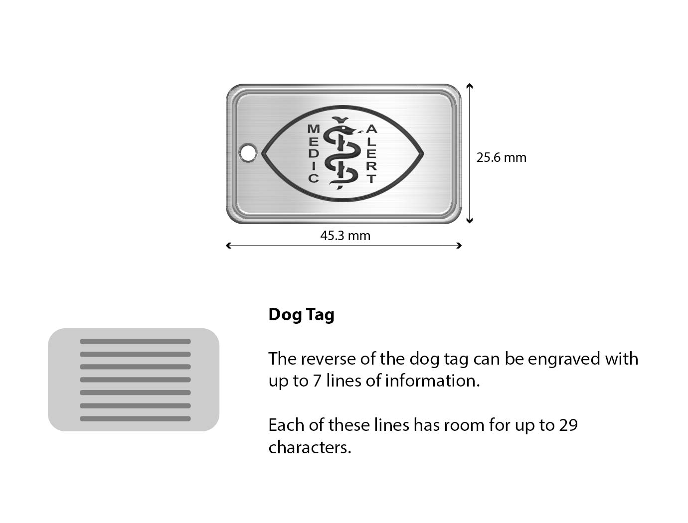 Diagram of the MedicAlert stainless steel dog tag disk with measurements and descriptions of the engraving specifications