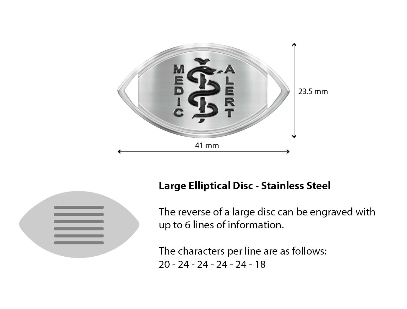 Diagram of the MedicAlert precious metal cable disc with measurements and descriptions of the engraving specifications