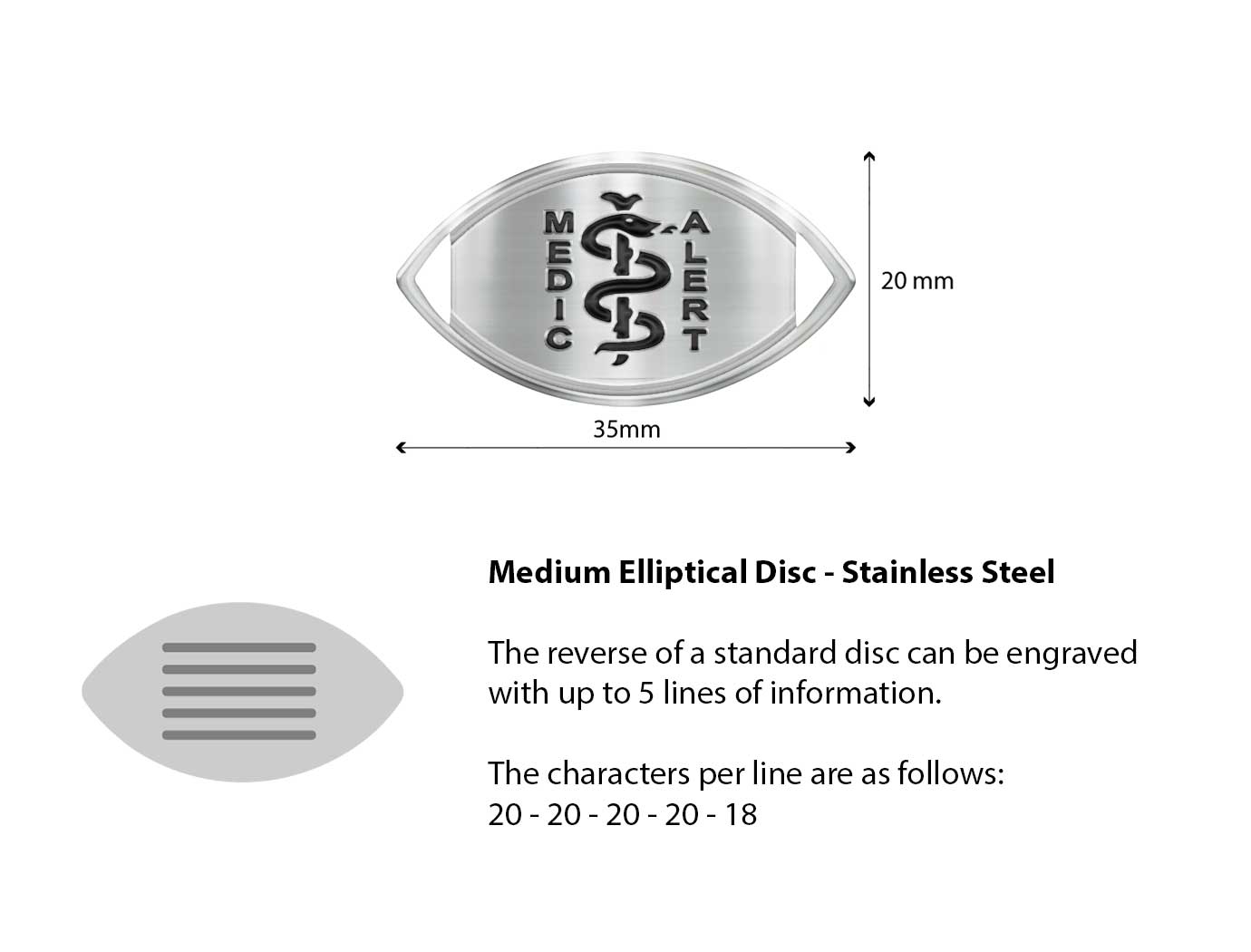 Diagram of the MedicAlert stainless steel medium elliptical disc with measurements and descriptions of the engraving specifications