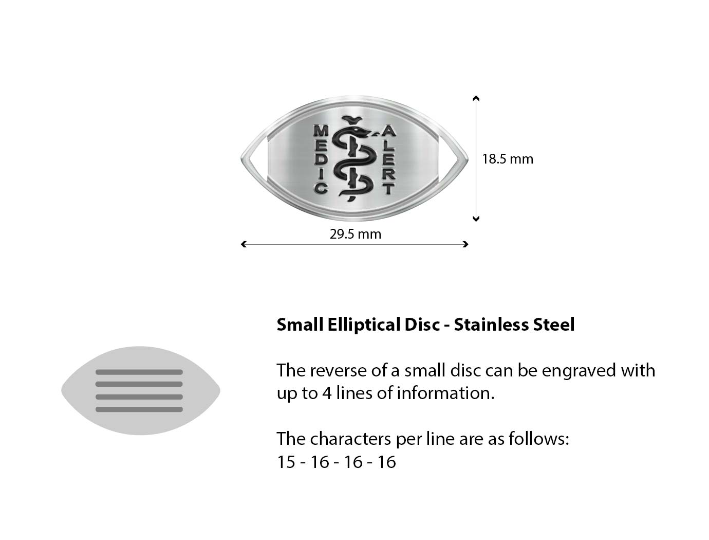 Diagram of the MedicAlert stainless steel small elliptical disc with measurements and descriptions of the engraving specifications
