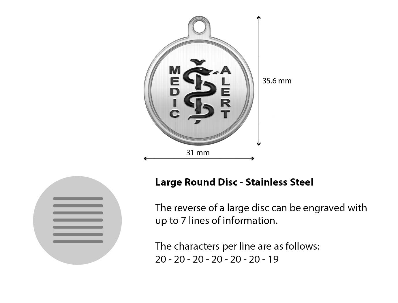 Diagram of the MedicAlert stainless steel large round disc with measurements and descriptions of the engraving specifications