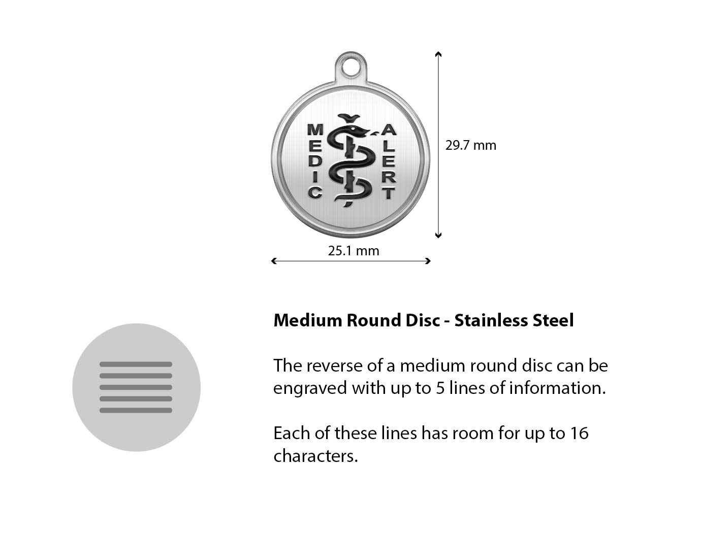 Diagram of the MedicAlert stainless steel medium round disc with measurements and descriptions of the engraving specifications
