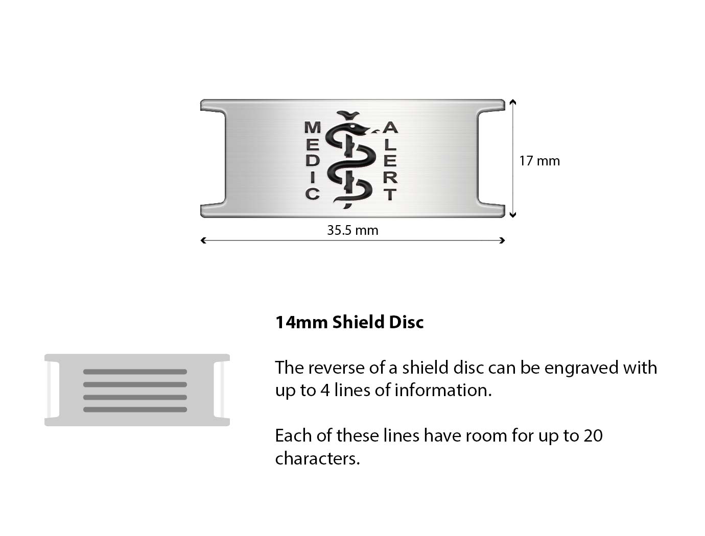Diagram of the MedicAlert stainless steel 14mm shield disc with measurements and descriptions of the engraving specifications