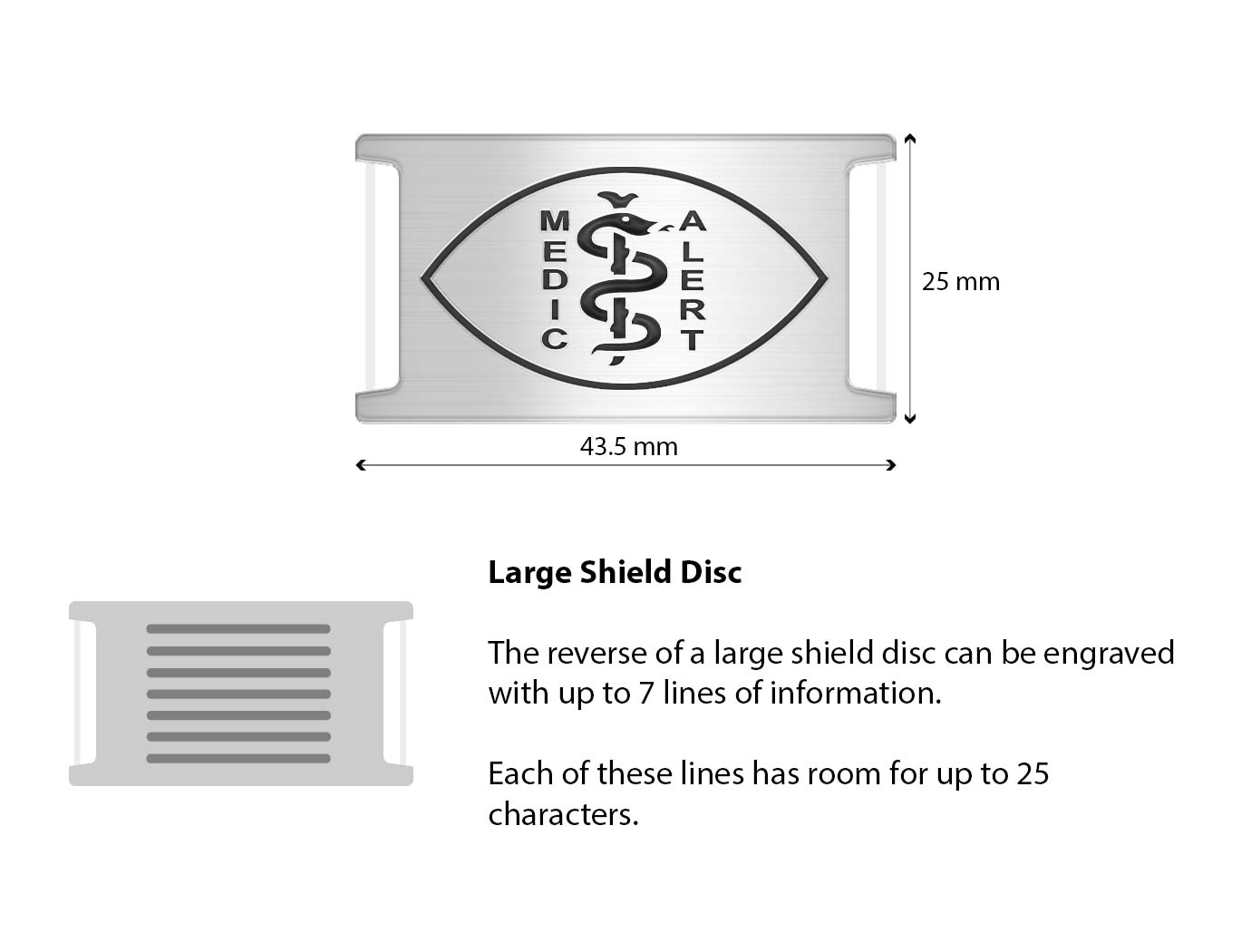 Diagram of the MedicAlert stainless steel 20mm shield disc with measurements and descriptions of the engraving specifications