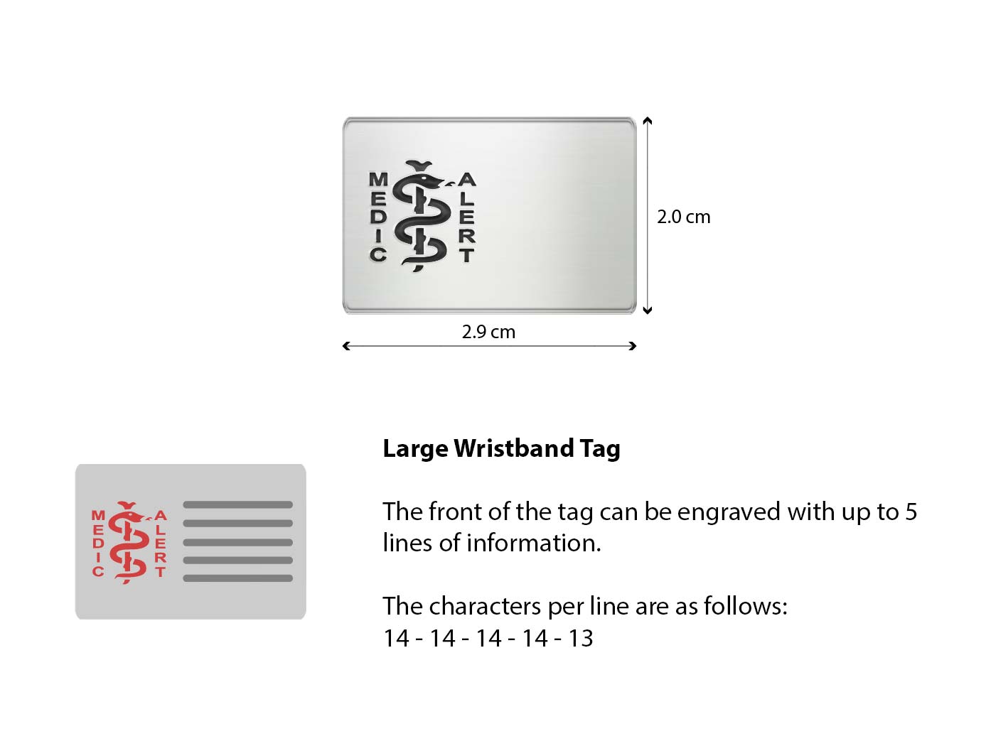 Diagram of the MedicAlert stainless steel large wristband tag disc with measurements and descriptions of the engraving specifications