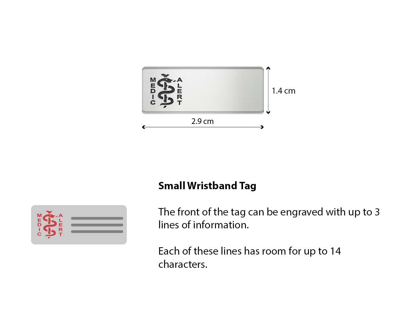 Diagram of the MedicAlert stainless steel small wristband tag disc with measurements and descriptions of the engraving specifications