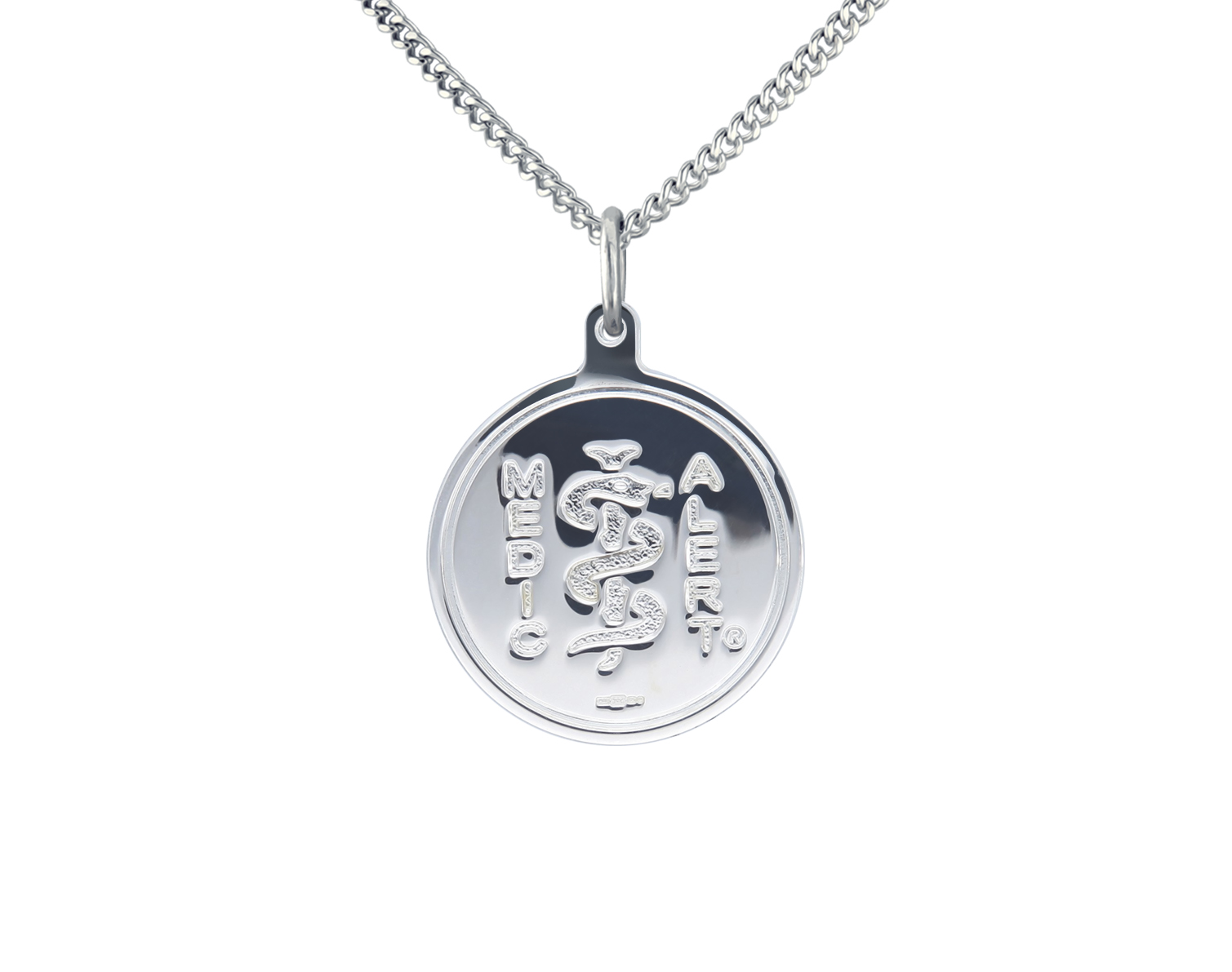 Silver chain with round silver charm disc with  MedicAlert logo which includes the universal medical sign of a snake wrapped around a rod