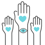 Illustration of three people with their hands raised and with hearts on their hand. One of them is wearing a MedicAlert Medical ID bracelet