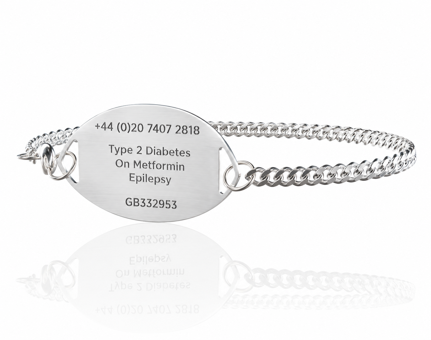 Official MedicAlert Type 2 diabetes medical ID disc showing nurse-verified custom engraving, auto-engraved 24/7 emergency line, and unique member ID