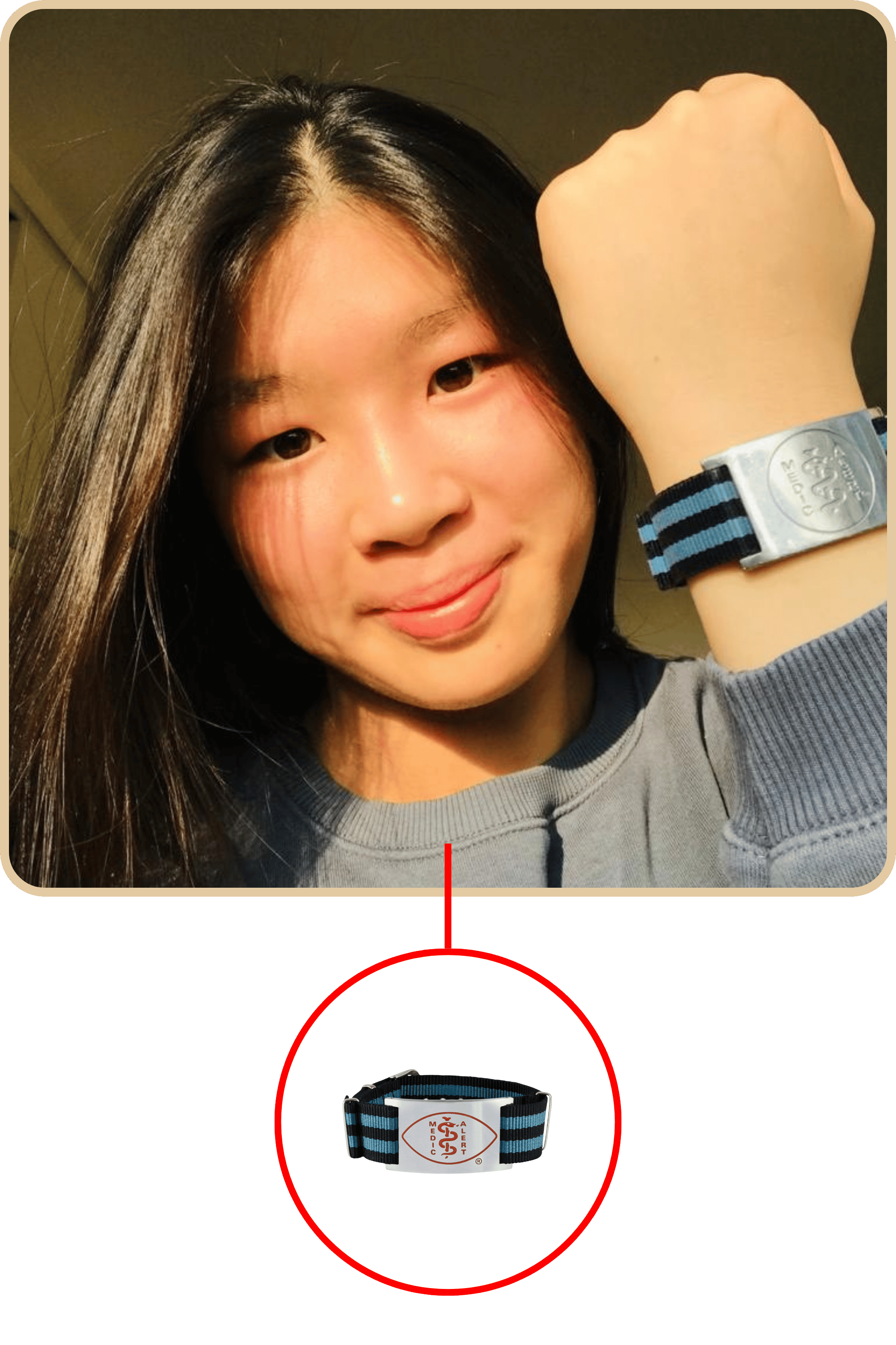 Picture of amelia smiling showing her bracelet