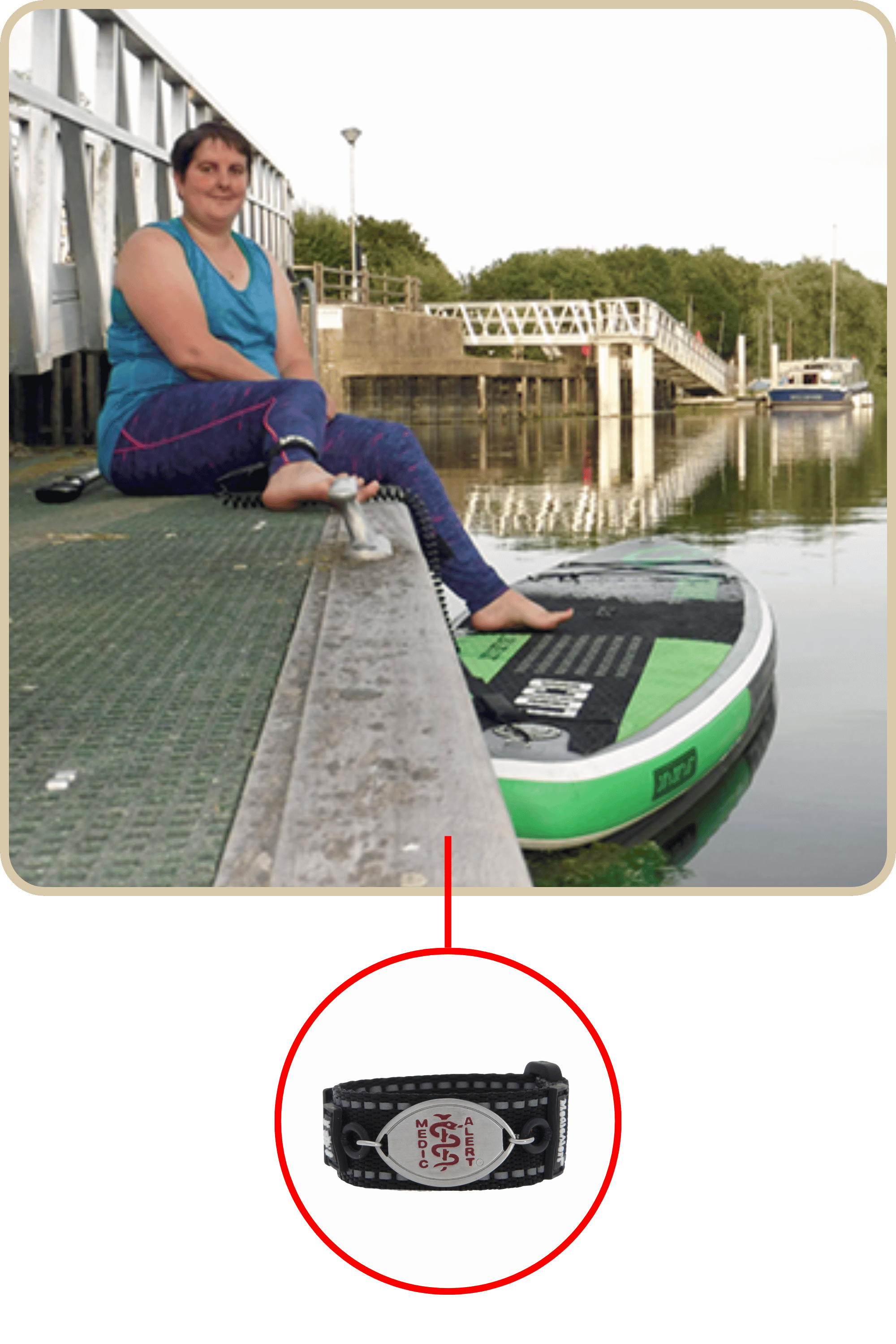 Picture of Carolyn smiling next to a paddle-board and lake