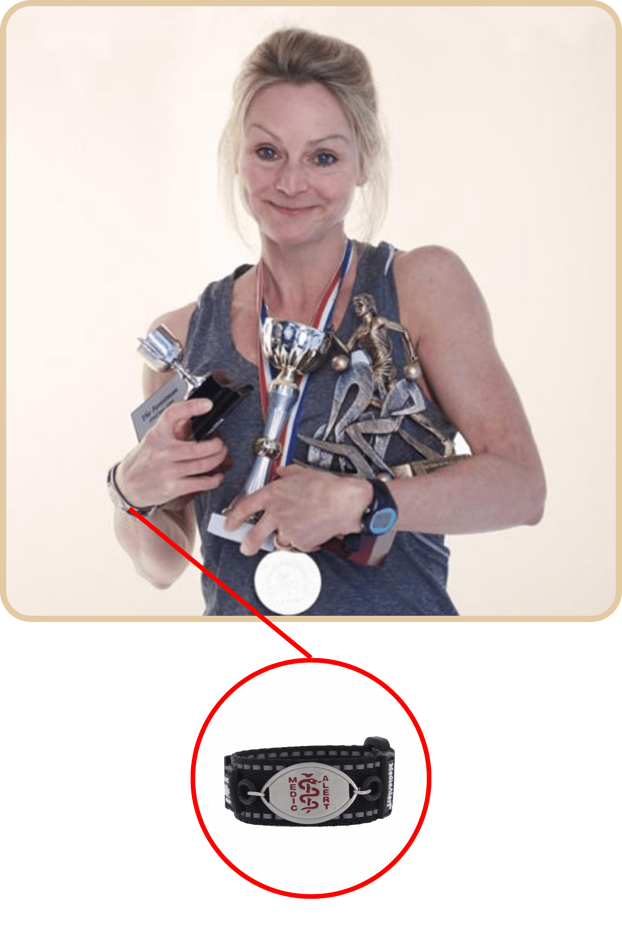 Picture of Charlotte Gee smiling with trophies and medals