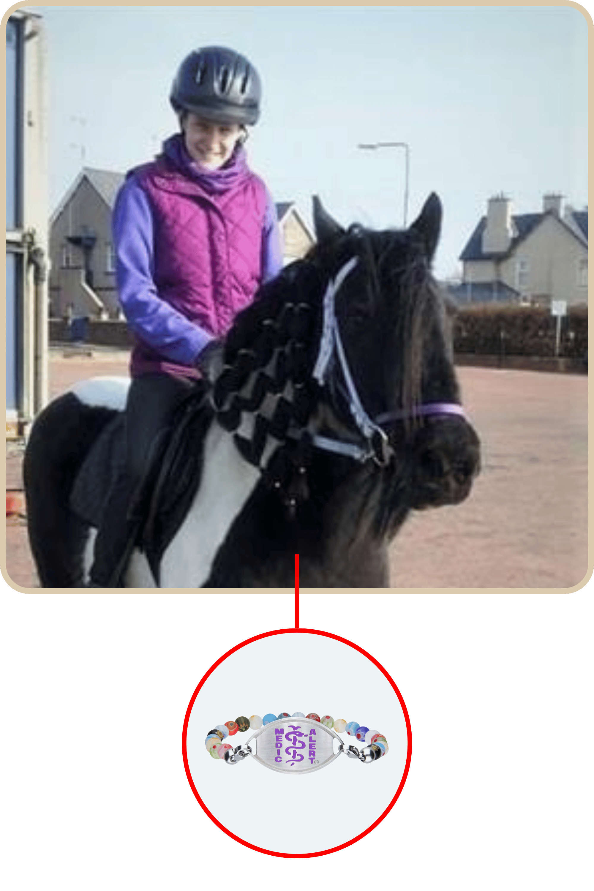 Picture of Mandy smiling and sitting on a horse